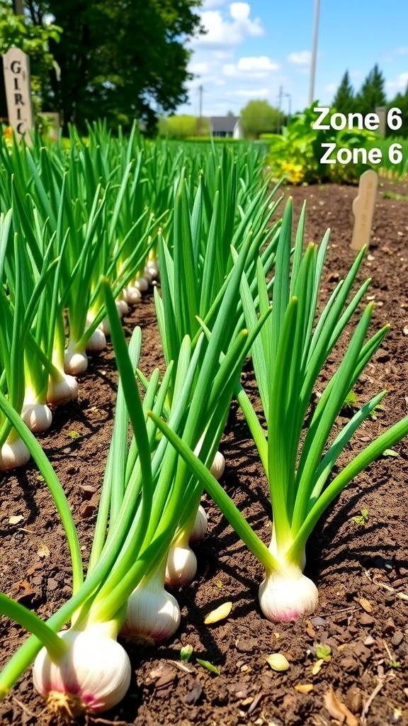 A healthy garlic garden with green plants and bulbs under a sunny sky.